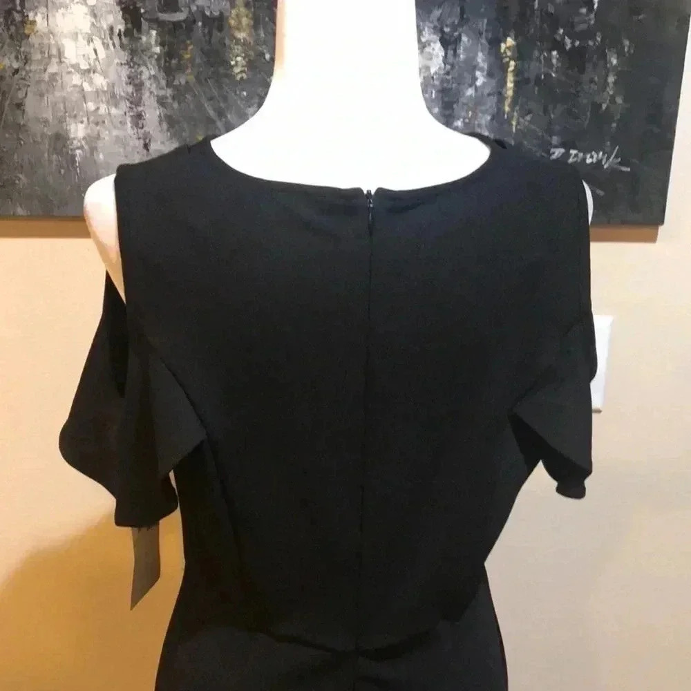 NWT Nina Leonard Black Ruffled Cold Shoulder Dress w/Back Slit Pleated Front-M - Picture 7 of 10